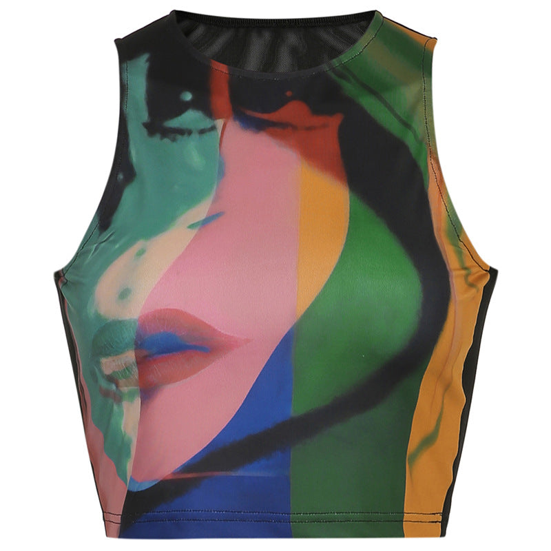 Retro Painting Print Tank Top Vintage Mesh Tops Women