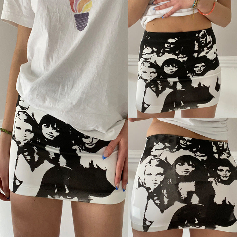 European And American Abstract Portrait Graffiti Printed Short Skirt Girl