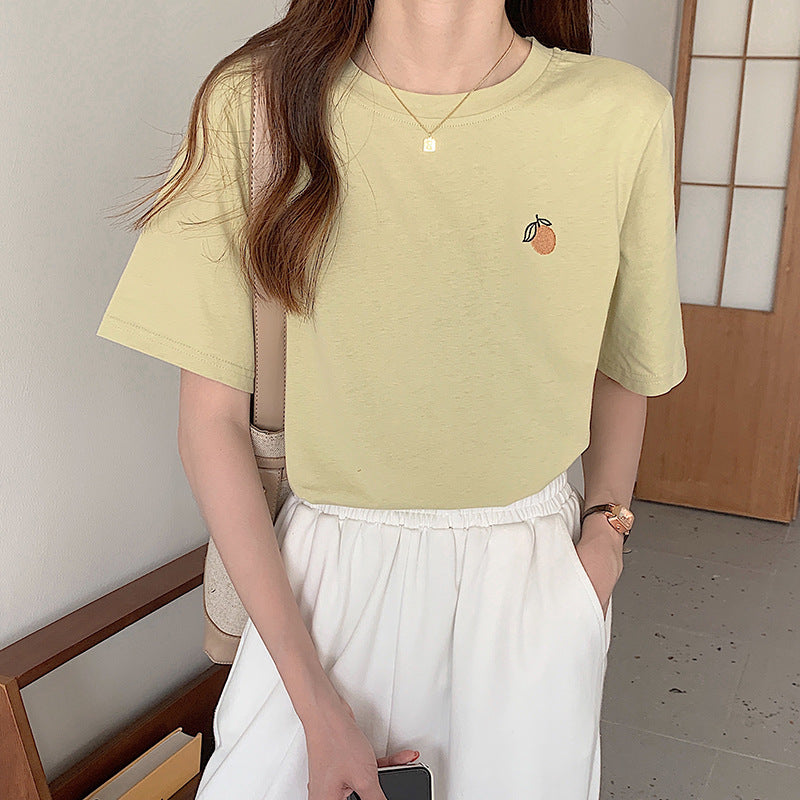 Women's Cotton Orange Embroidered Short-sleeved T-shirt New