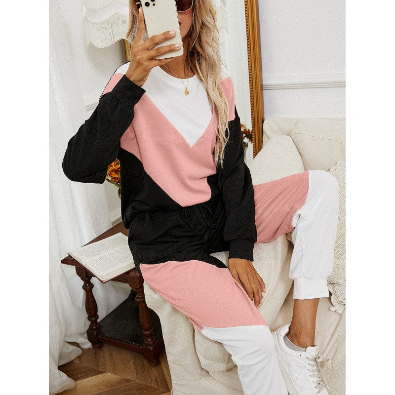 Colorblock Long Sleeve Trousers Elastic Waist Suit Women