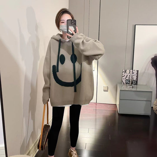 Soft Glutinous Beige Smiley Face Hooded Sweater Women's Autumn And Winter New Lazy