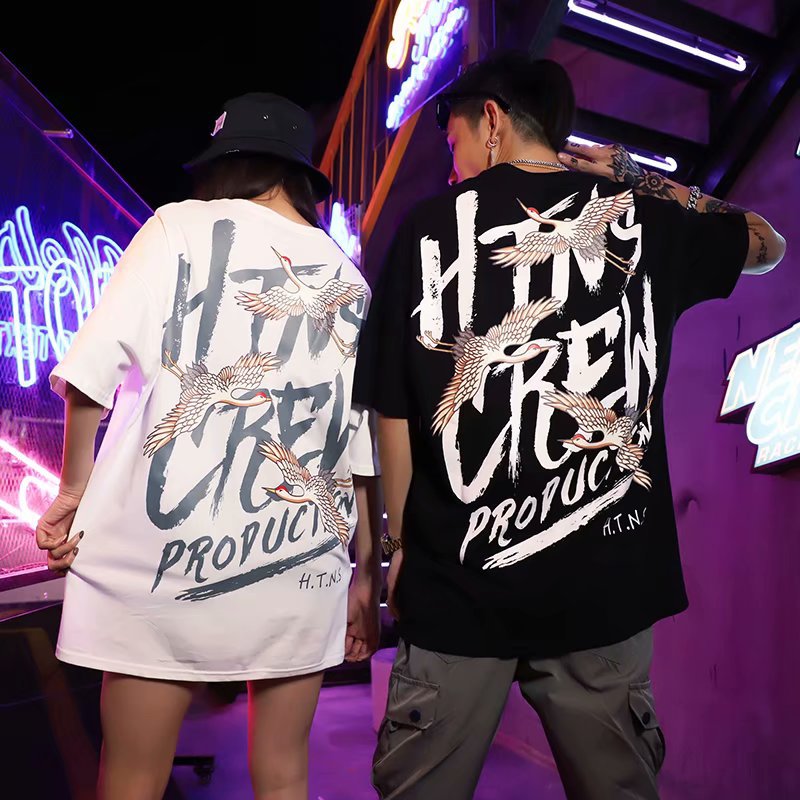 Chinese Style Hip Hop Tide Brand New Ins Crane Print Short Sleeve