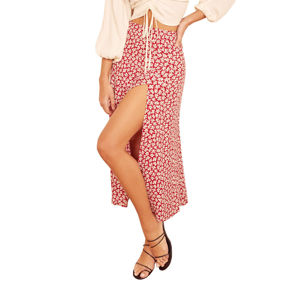 Floral Leopard Print High Waist Stretch Slit Long Skirt