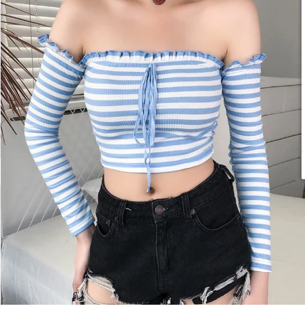 Blue and white striped one-shoulder T-shirt