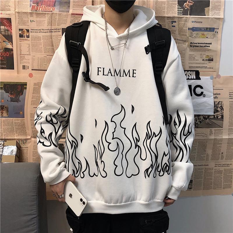 Street hip-hop retro flame print loose hooded plus velvet sweatshirt