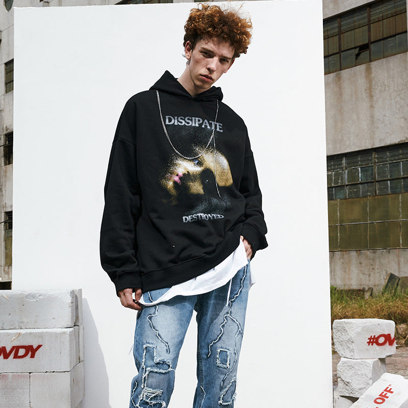 Retro dark loose hooded plus fleece sweater