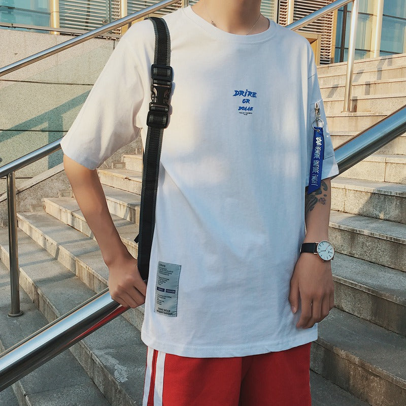 Men's casual letter printed short sleeve T-shirt with Ribbon zipper