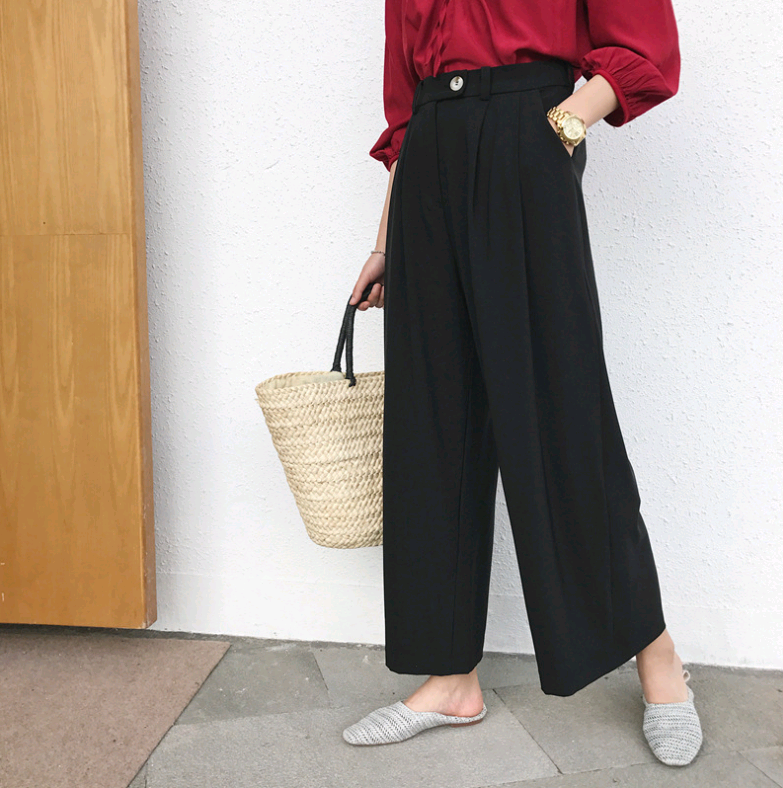 2021 summer new women's slim legs long chiffon wide leg pants Korean black wild suit trousers women