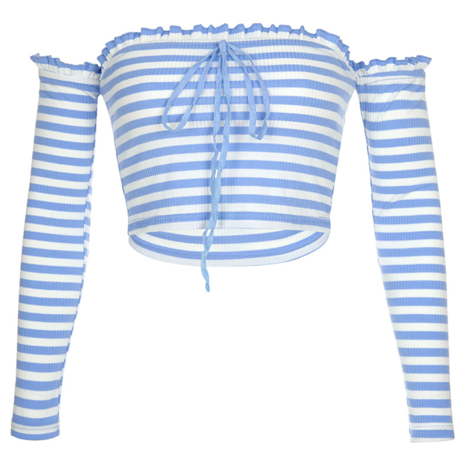 Blue and white striped one-shoulder T-shirt