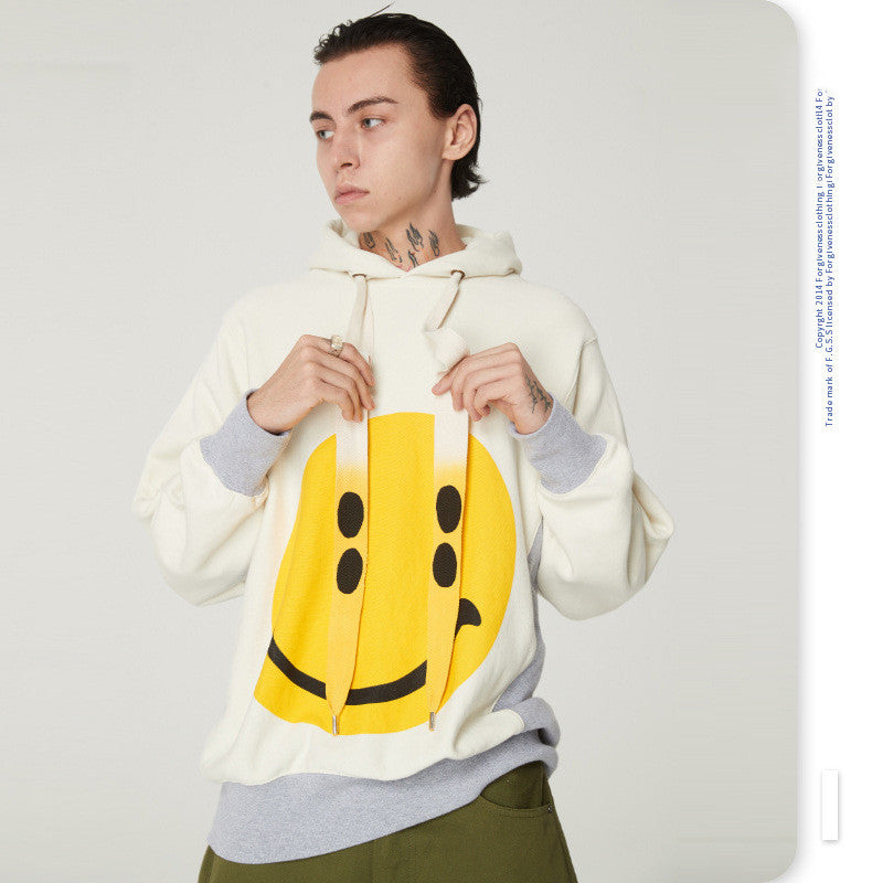 Retro smiley drawstring hooded casual sweater