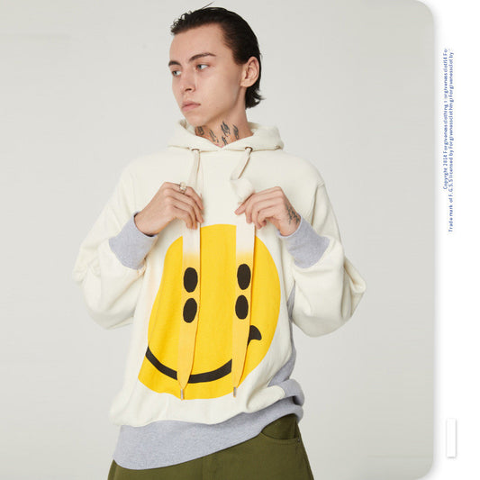 Retro smiley drawstring hooded casual sweater