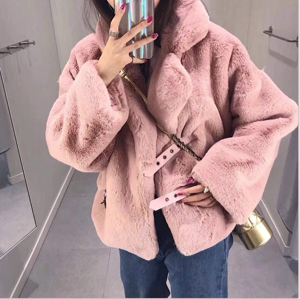 2021 Winter Korean Female Fur Coat Short Soft  Rabbit Fur Jacket Long-Sleeved Shaggy Thicken Warm Women Fashion Outwear