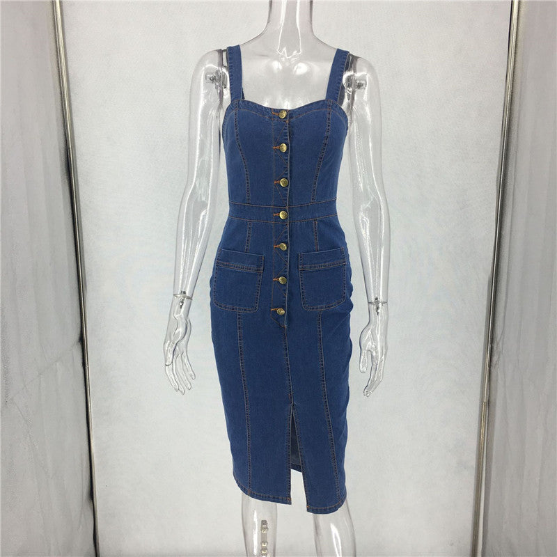 Denim Skirt With Straps And Buttons For Middle And Long Bottoms