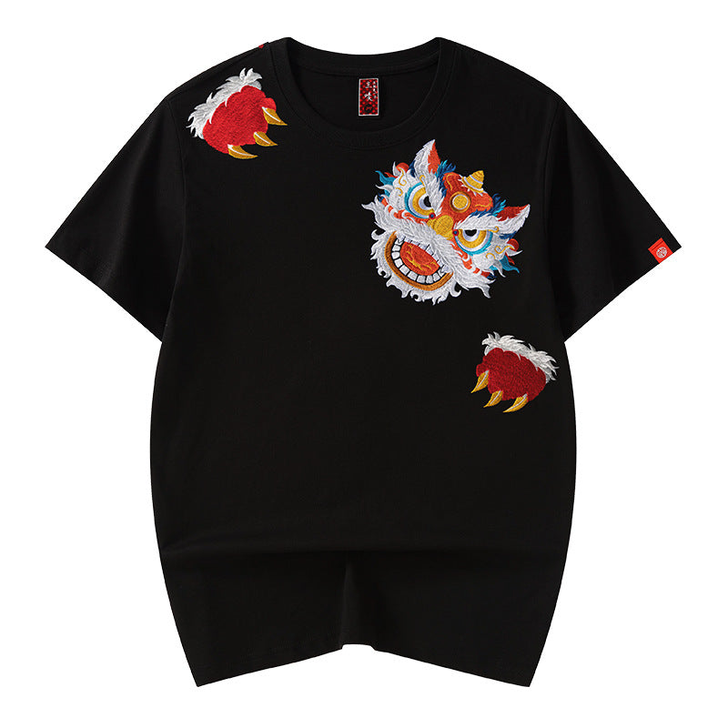 Short Sleeve T-shirt Men's Round Neck Half Sleeve Lion Embroidery