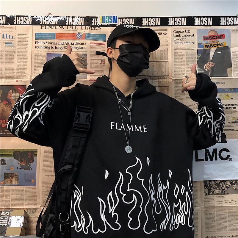 Street hip-hop retro flame print loose hooded plus velvet sweatshirt