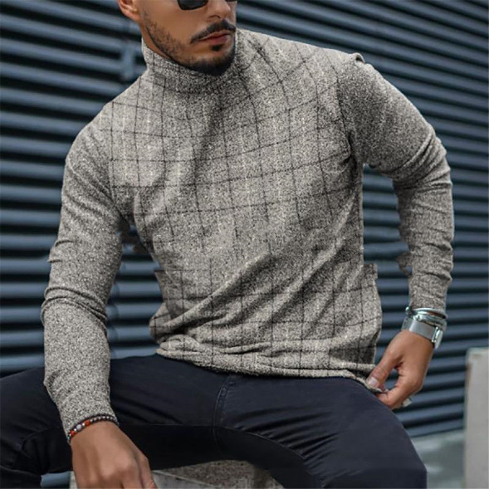 Men's Slim Pullover Long Sleeve T-Shirt High Neck Striped Base Shirt