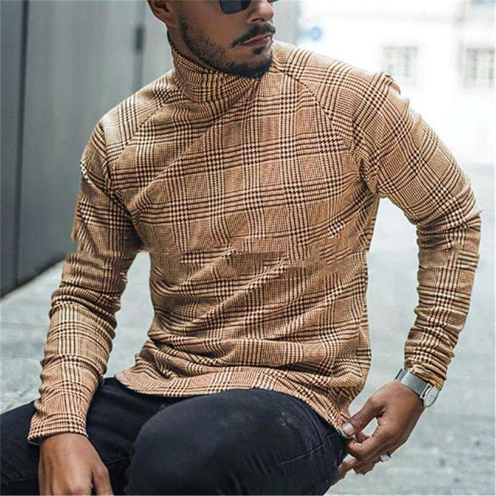 Men's Slim Pullover Long Sleeve T-Shirt High Neck Striped Base Shirt