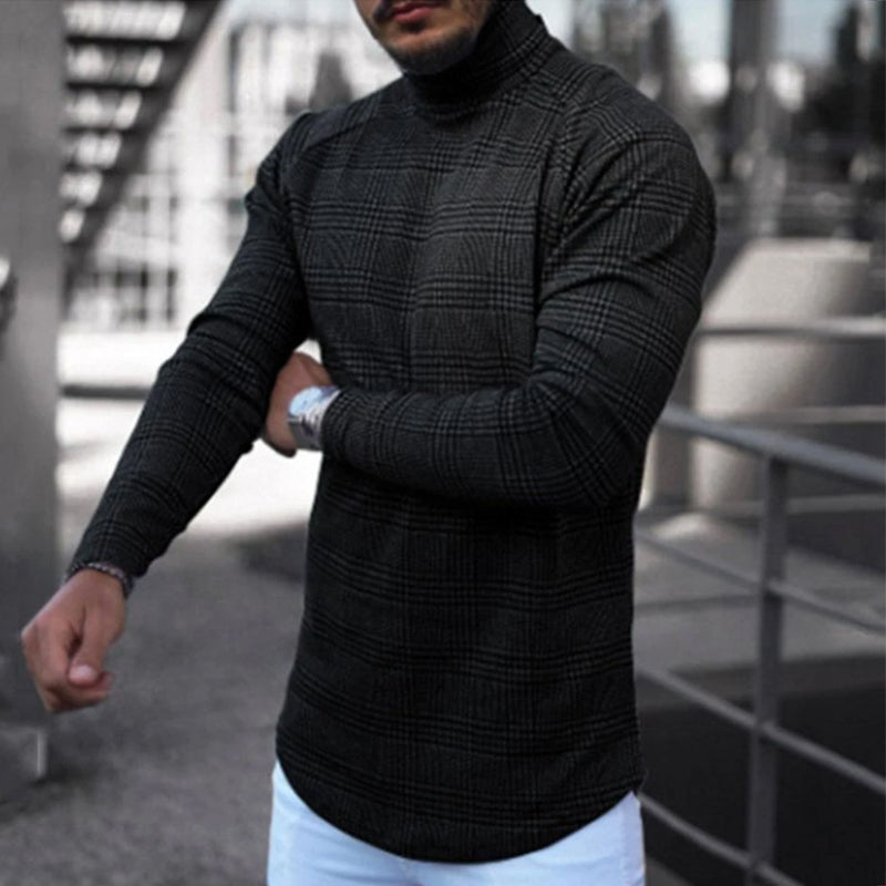 Men's Slim Pullover Long Sleeve T-Shirt High Neck Striped Base Shirt