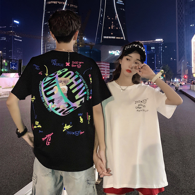 Summer New Couple Outfit Three-Dimensional Colorful Laser Reflective Cute Bear Loose T-Shirt