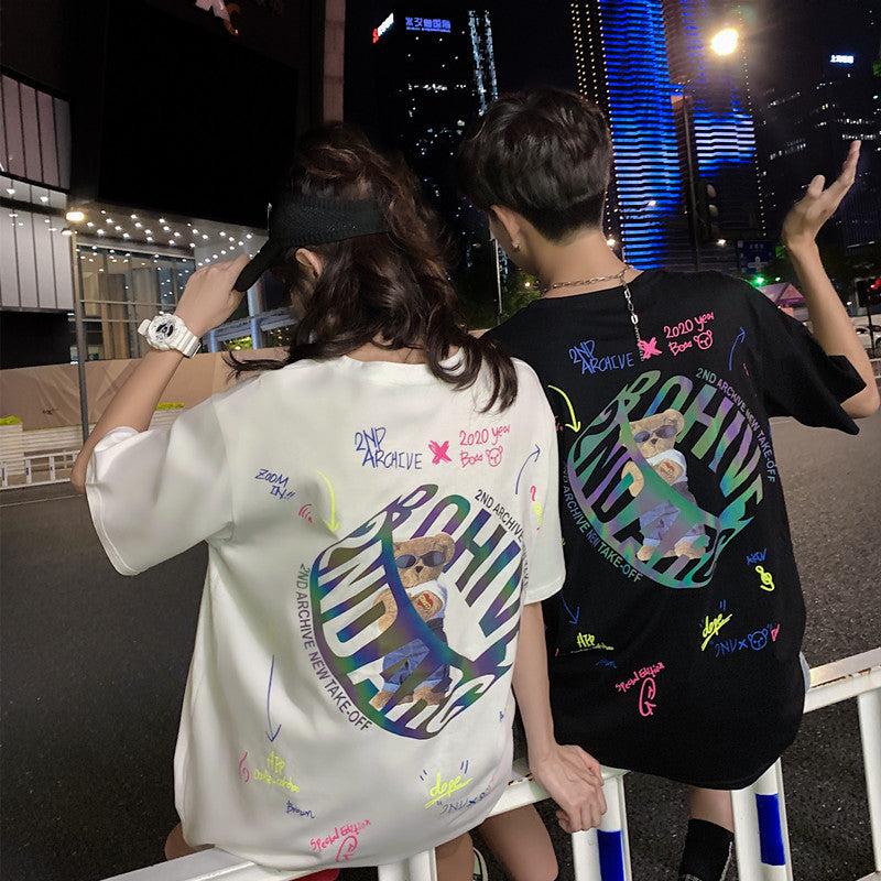 Summer New Couple Outfit Three-Dimensional Colorful Laser Reflective Cute Bear Loose T-Shirt