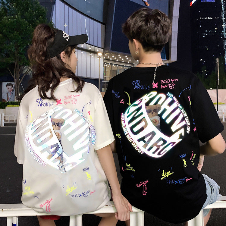 Summer New Couple Outfit Three-Dimensional Colorful Laser Reflective Cute Bear Loose T-Shirt