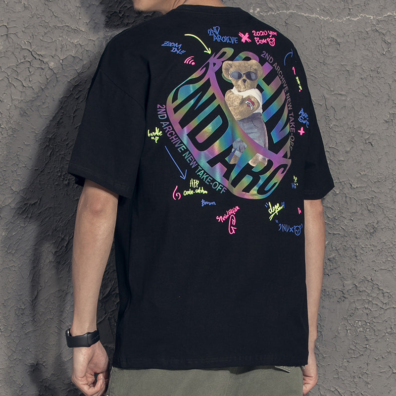 Summer New Couple Outfit Three-Dimensional Colorful Laser Reflective Cute Bear Loose T-Shirt