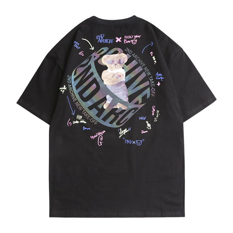 Summer New Couple Outfit Three-Dimensional Colorful Laser Reflective Cute Bear Loose T-Shirt