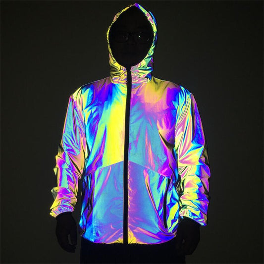 Men Reflective Hooded Jacket Casual Night Colorful Windbreaker Man Hip-hop Coats