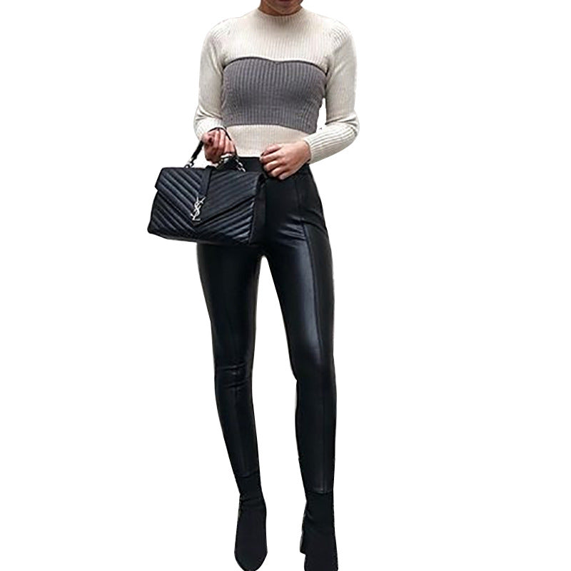 Spring And Autumn Amazon Aliexpress Foreign Trade Wholesale Hot Sale European And American Casual Solid Color Pu Leather Slim Trousers Women