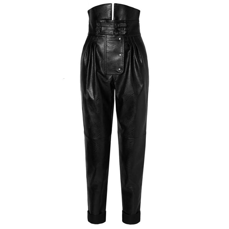 Fashion Temperament Casual High-Waisted PU Leather Slim Tapered Trousers Women Trendy