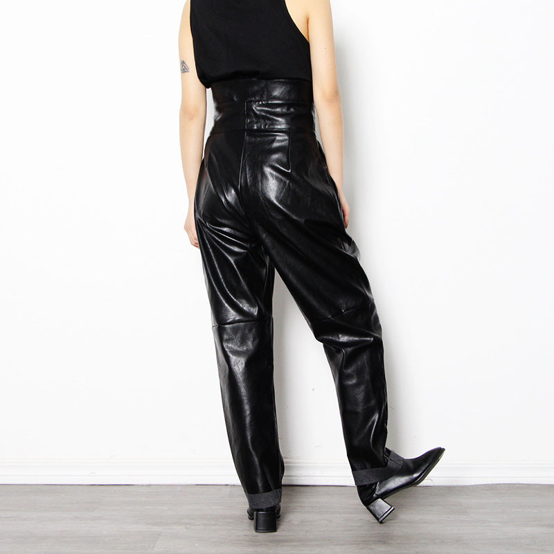 Fashion Temperament Casual High-Waisted PU Leather Slim Tapered Trousers Women Trendy