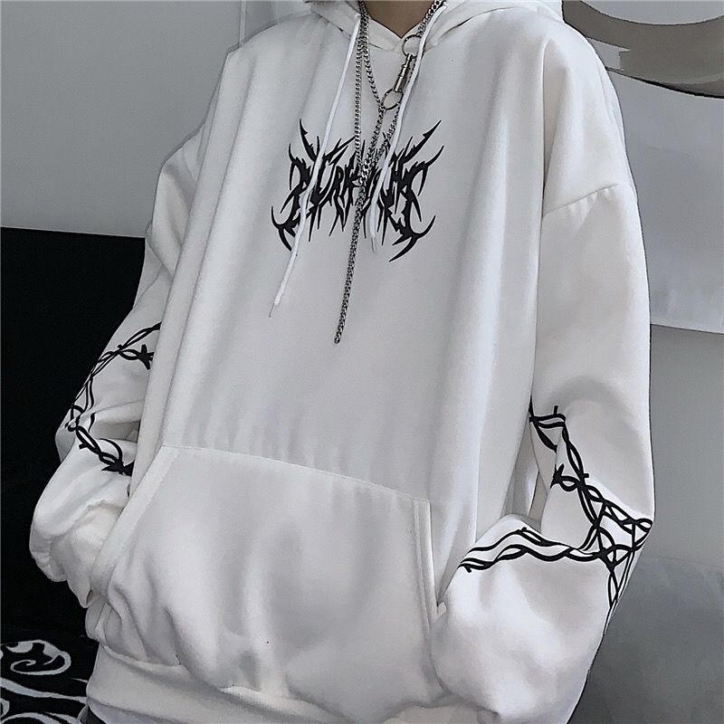 Street hip-hop retro flame print loose hooded plus velvet sweatshirt