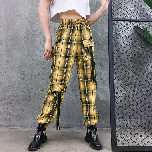 Street Style Plaid Cargo Pants Women Elastic High Waist Baggy Jogger Pants Pockets Womens Hippie Trousers Streetwear