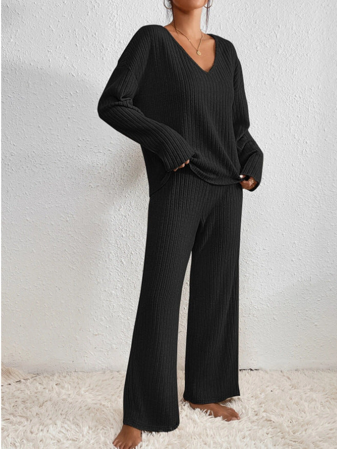 Women's Knitted Round Neck Long-sleeved Trousers Wide-leg Pants Two-piece Set