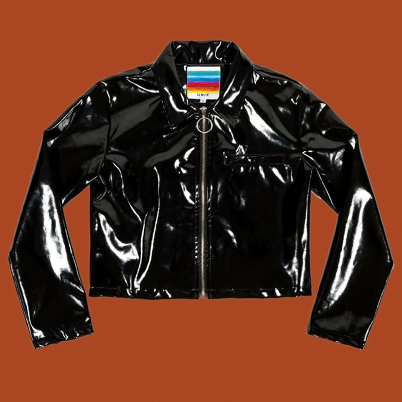 Short leather jacket in bright black paint