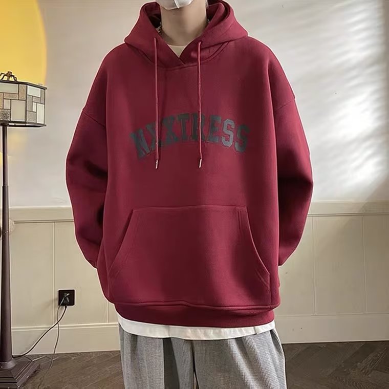 Wine Red Letters Printed Hoodie Men's Spring And Autumn American Retro Oversize Couple Casual Jacket