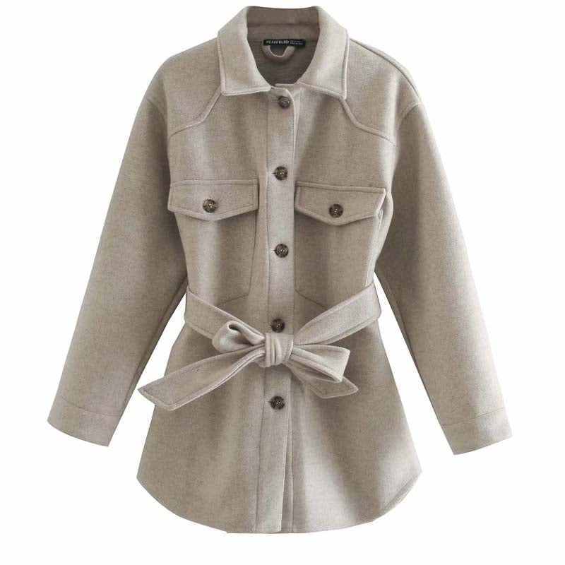 Casual and simple shirt-style mid-length jacket autumn and winter high waist and thin women's belt