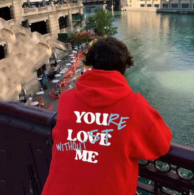 Men's Thickened Sweater Plain Letter Print Kangaroo Pocket Drawstring Bubble Print Hoodie