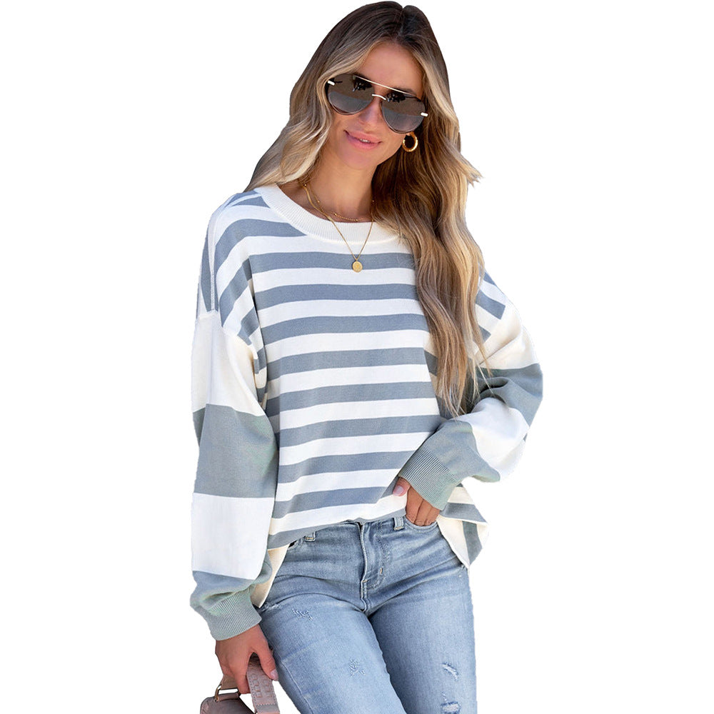 Women's Fashion Casual Striped Shoulder Pullover