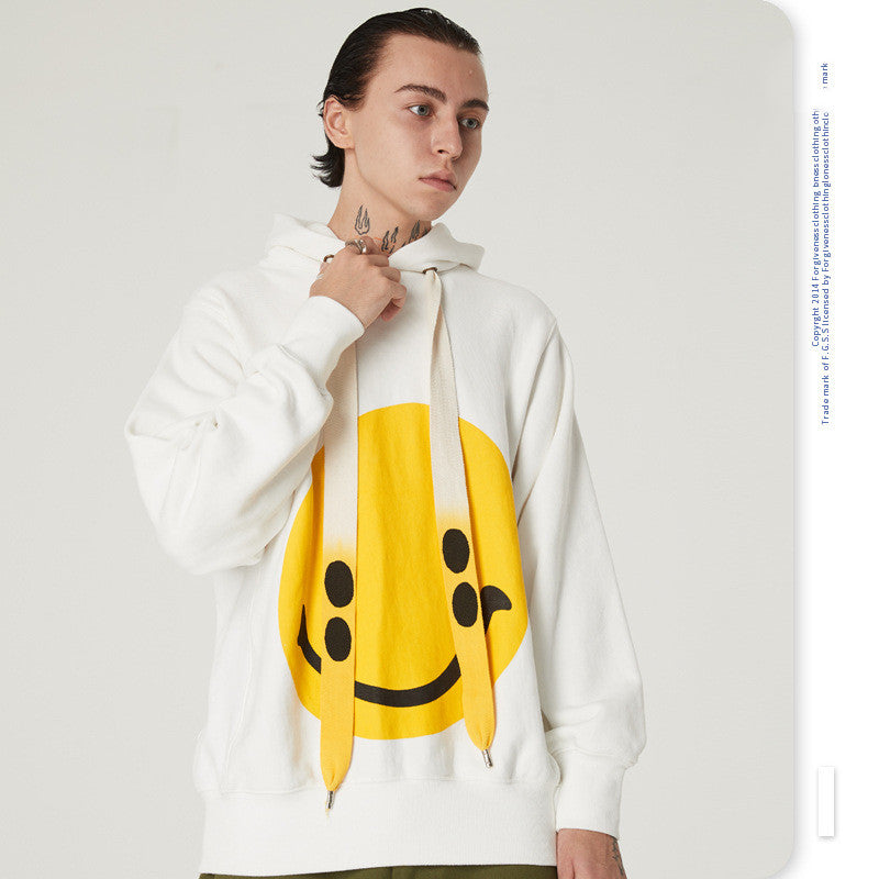 Retro smiley drawstring hooded casual sweater