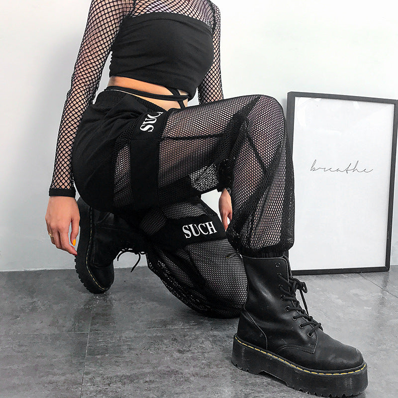 Europe and the United States cross-border women's 2021 speed sell ins spring and summer new mesh stitching hollow hip-hop trend trousers women