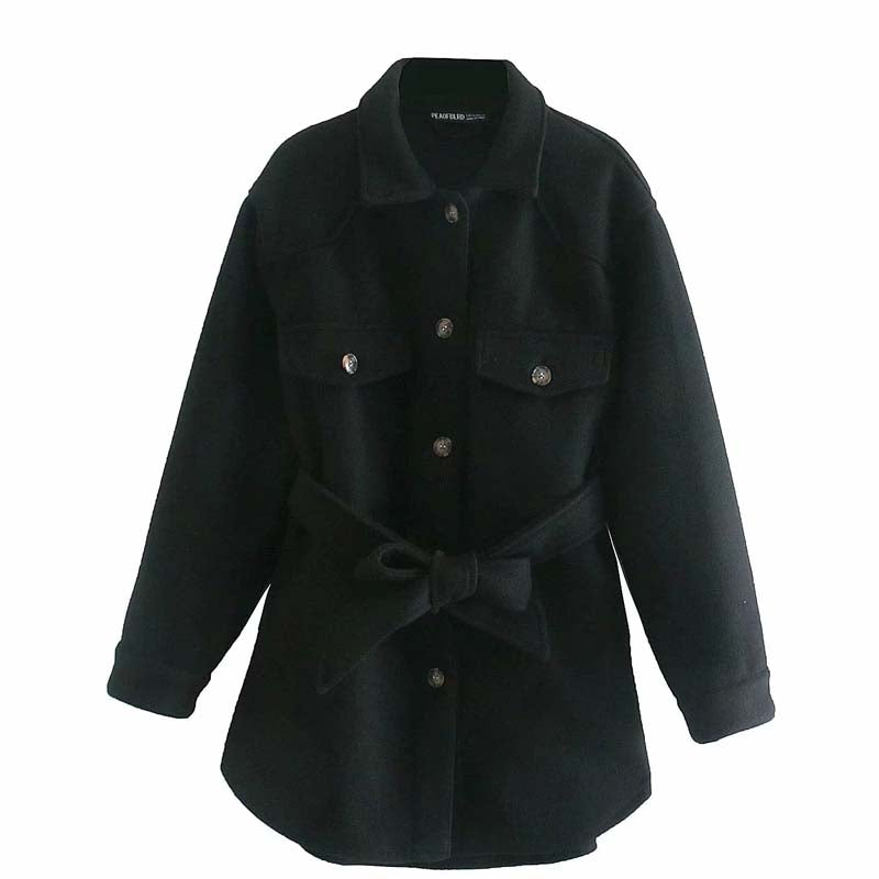 Casual and simple shirt-style mid-length jacket autumn and winter high waist and thin women's belt