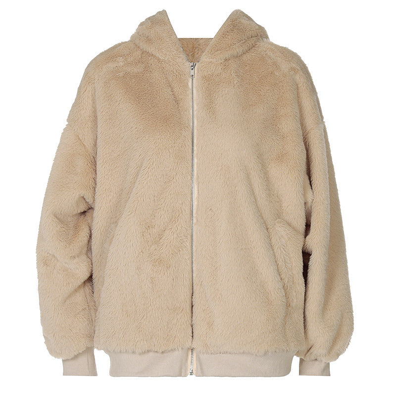 Autumn And Winter Lamb Wool Loose Coat Zipper Hooded Long Thick Top