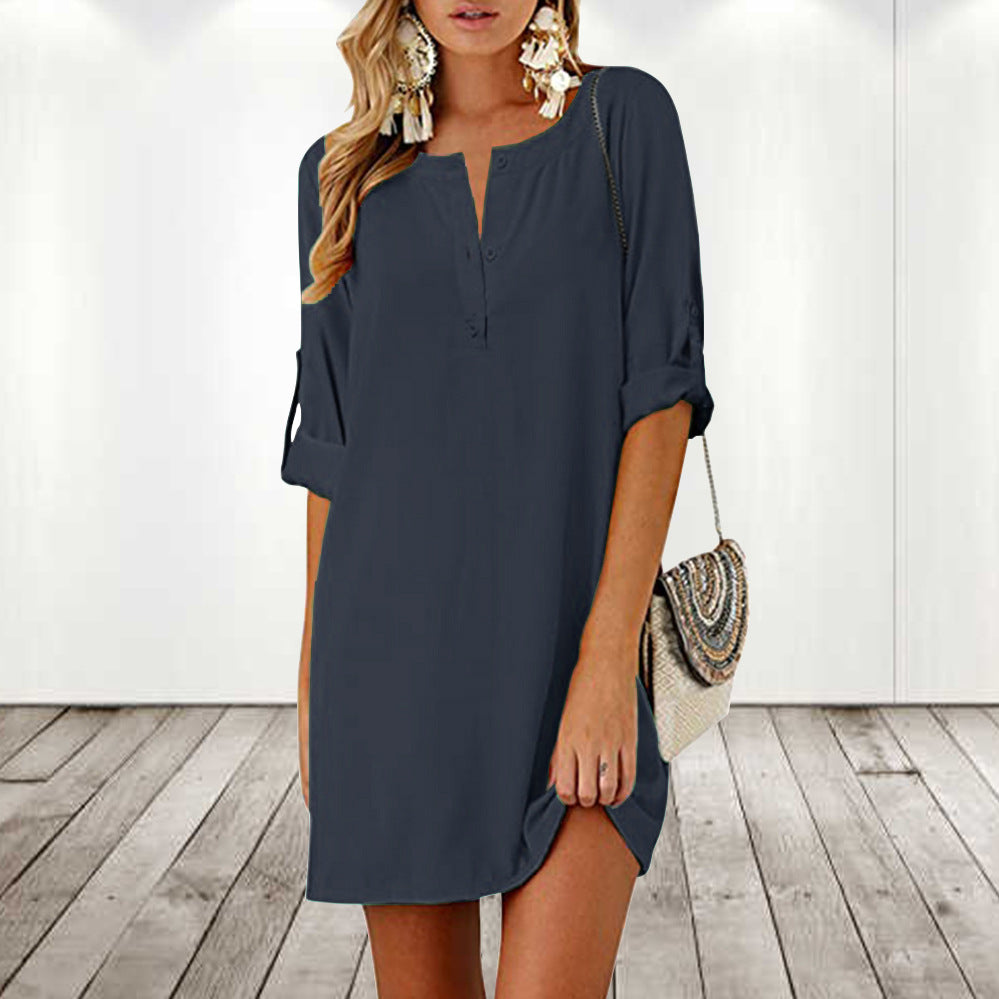 Cotton And Linen Loose 34 Sleeve Mid-length Dress