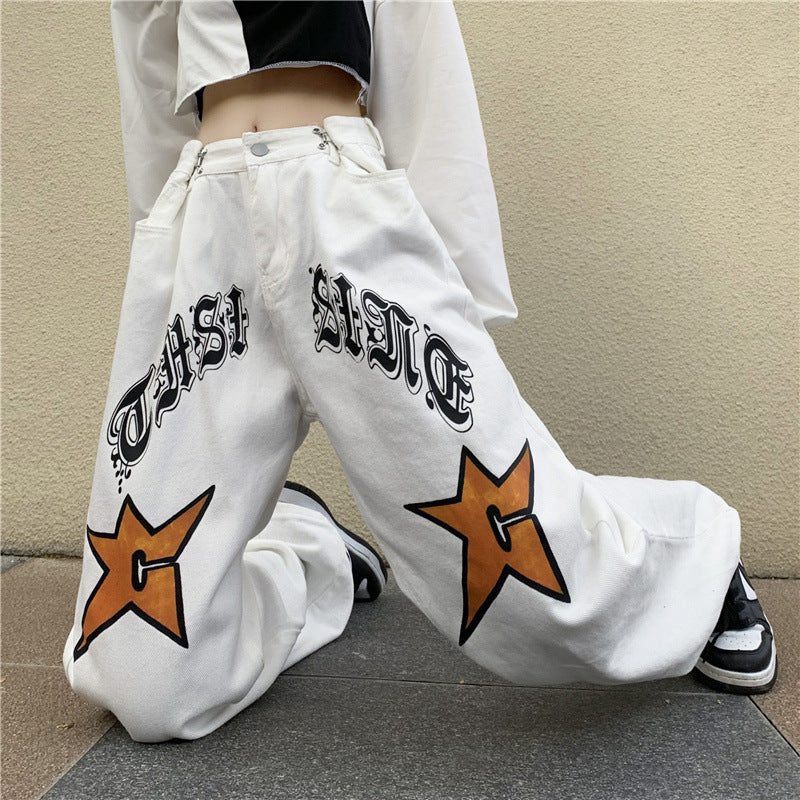 Retro Love Gothic Printed Jeans For Men And Women Loose-fitting Wide-leg Trousers
