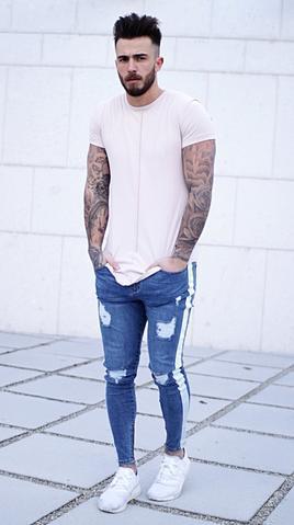 Ripped nostalgic jeans light blue zipper men's jeans