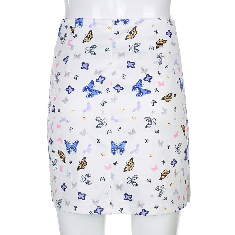 Butterfly print tight split hip skirt