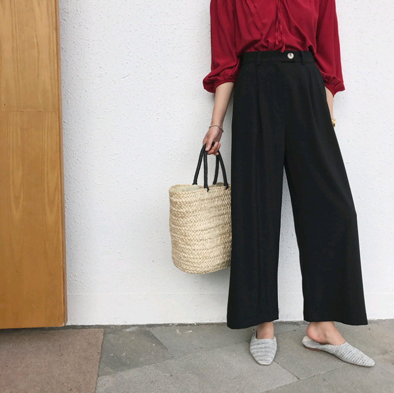 2021 summer new women's slim legs long chiffon wide leg pants Korean black wild suit trousers women