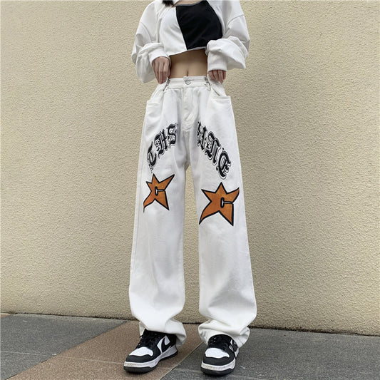 Retro Love Gothic Printed Jeans For Men And Women Loose-fitting Wide-leg Trousers