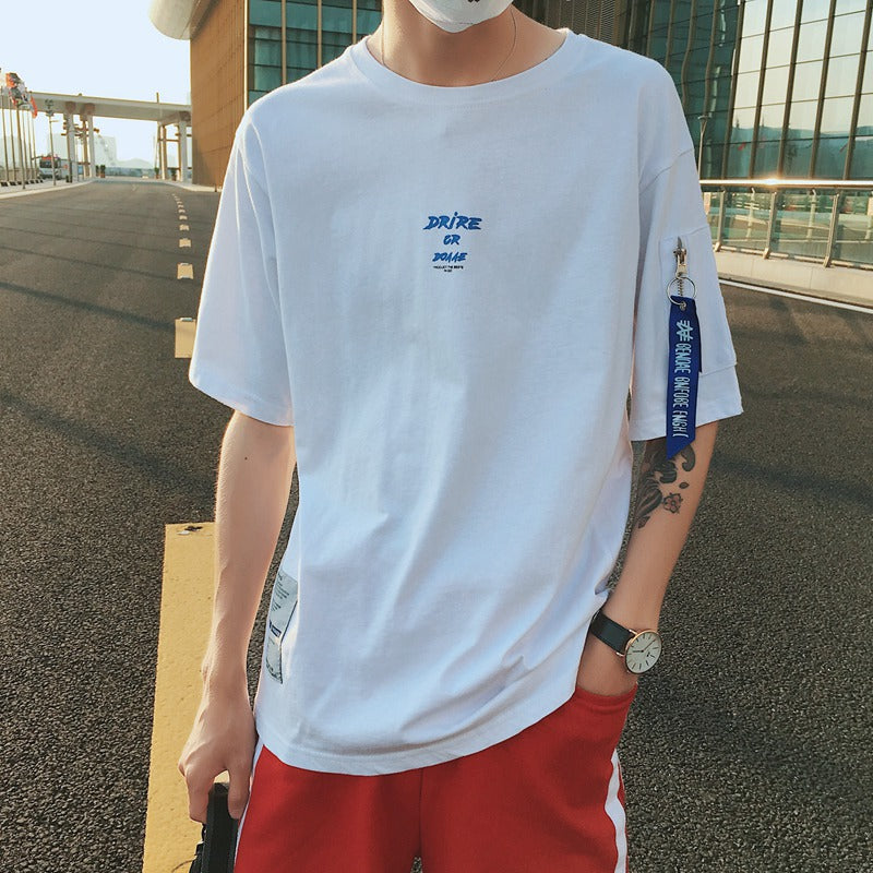 Men's casual letter printed short sleeve T-shirt with Ribbon zipper